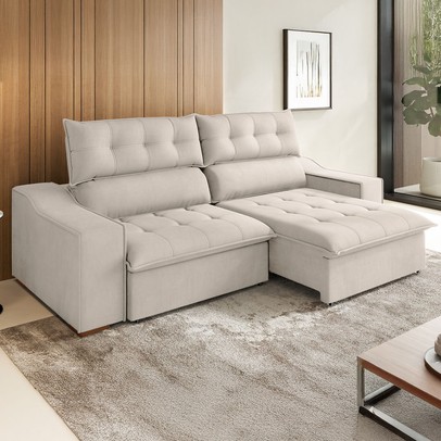 Sofá 4 Lugares Calvin Retrátil e Reclinável Veludo com Pillow 37555 Marfim - Vian