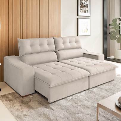 Sofá 4 Lugares Calvin Retrátil e Reclinável Veludo com Pillow 37555 Marfim - Vian