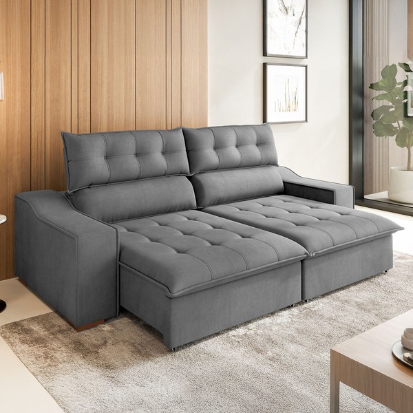 Sofá 4 Lugares Calvin Retrátil e Reclinável Veludo com Pillow Grafite - Vian