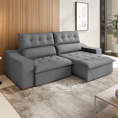 Sofá 4 Lugares Calvin Retrátil e Reclinável Veludo com Pillow Grafite - Vian