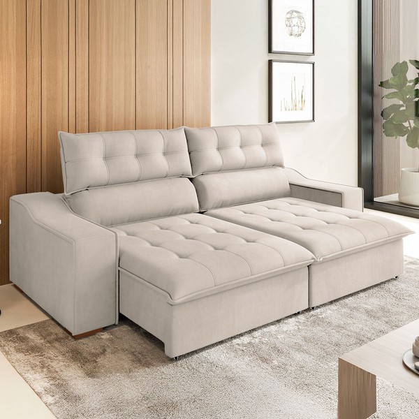 Sofá 4 Lugares Calvin Retrátil e Reclinável Veludo com Pillow Marfim - Vian