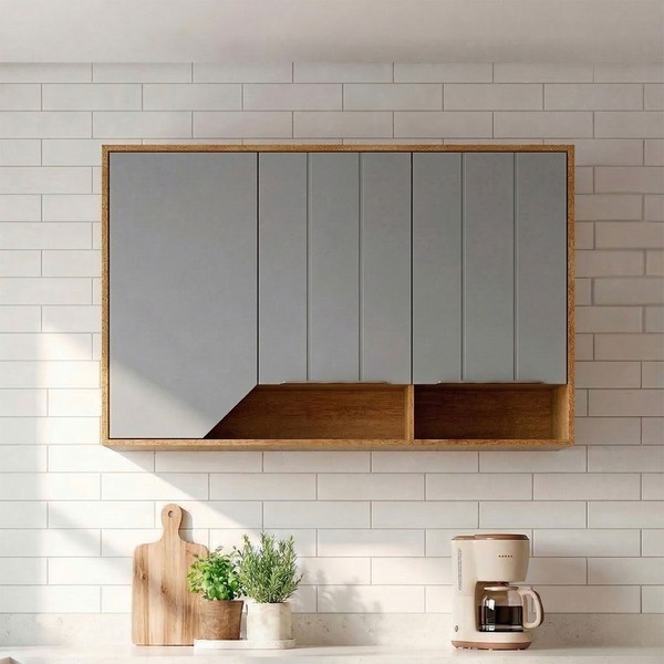 Armário Aéreo Cozinha 120 Cm Celeste 3 Portas 100% Mdf Cinamomo/Platina - Mgm Móveis