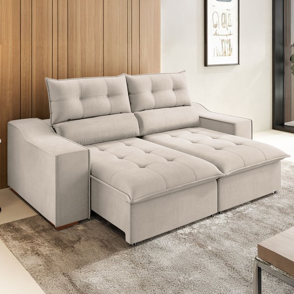 Sofá 3 Lugares Calvin Retrátil e Reclinável Veludo Marfim - Vian