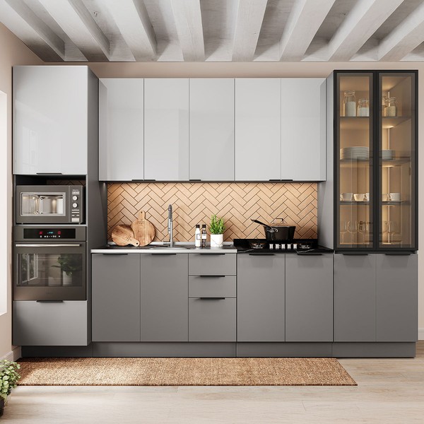 Cozinha Completa Lumina 13 Portas 4 Gavetas com Vidro 917468 Cinza/Lacca - Telasul