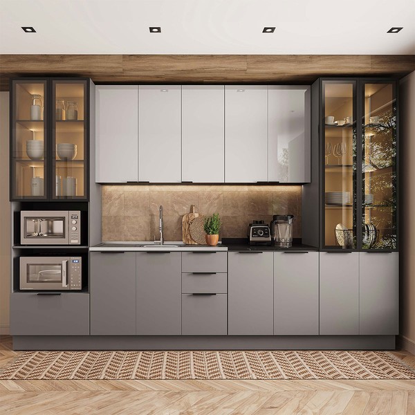 Cozinha Completa Lumina 15 Portas 4 Gavetas com Vidro Cinza/Lacca - Telasul