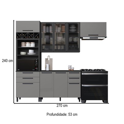 Cozinha Completa Diamante 7 Portas 6 Gavetas com Vidro Chumbo/Titânio - Indékes
