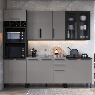 Cozinha Completa Diamante 12 Portas 3 Gavetas com Vidro Chumbo/Titanio - Indékes