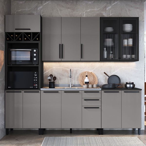 Cozinha Completa Diamante 12 Portas 3 Gavetas com Vidro Chumbo/Titanio - Indékes