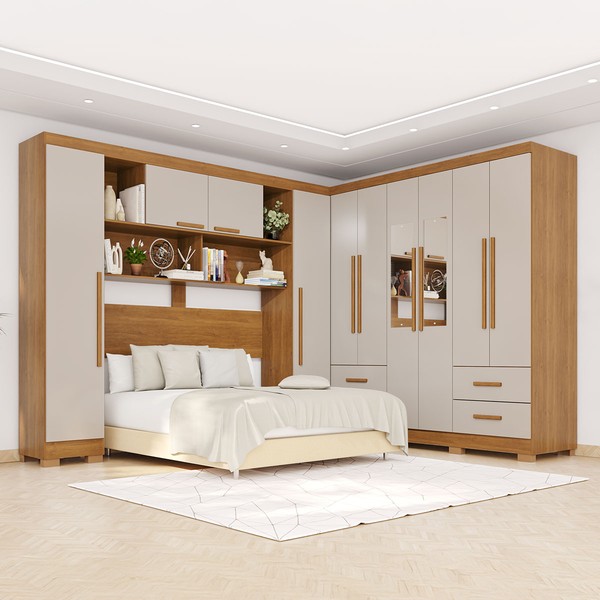 Guarda-Roupa Casal Modulado Andorra 10 Portas 4 Gavetas com Pés e Espelho Cinamomo/Off White - Pnr Móveis
