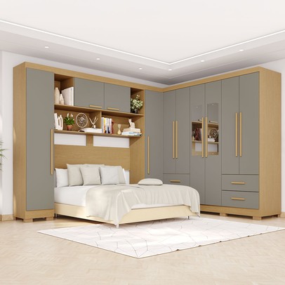 Guarda-Roupa Casal Modulado Andorra 10 Portas 4 Gavetas com Pés e Espelho Jequitibá/Granizo - Pnr Móveis