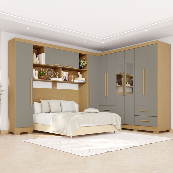Guarda-Roupa Casal Modulado Andorra 10 Portas 4 Gavetas com Pés e Espelho Jequitibá/Granizo - Pnr Móveis