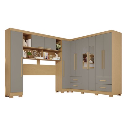 Guarda-Roupa Casal Modulado Andorra 10 Portas 4 Gavetas com Pés e Espelho Jequitibá/Granizo - Pnr Móveis