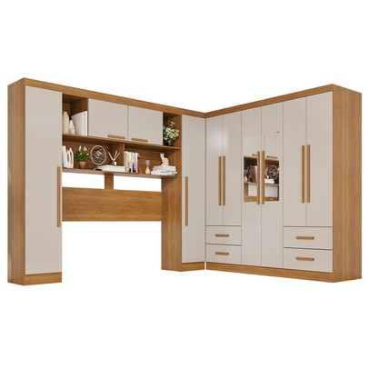 Guarda-Roupa Casal Modulado Andorra 10 Portas 4 Gavetas com Espelho Cinamomo/Off White - Pnr Móveis