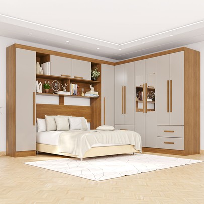 Guarda-Roupa Casal Modulado Andorra 10 Portas 4 Gavetas com Espelho Cinamomo/Off White - Pnr Móveis