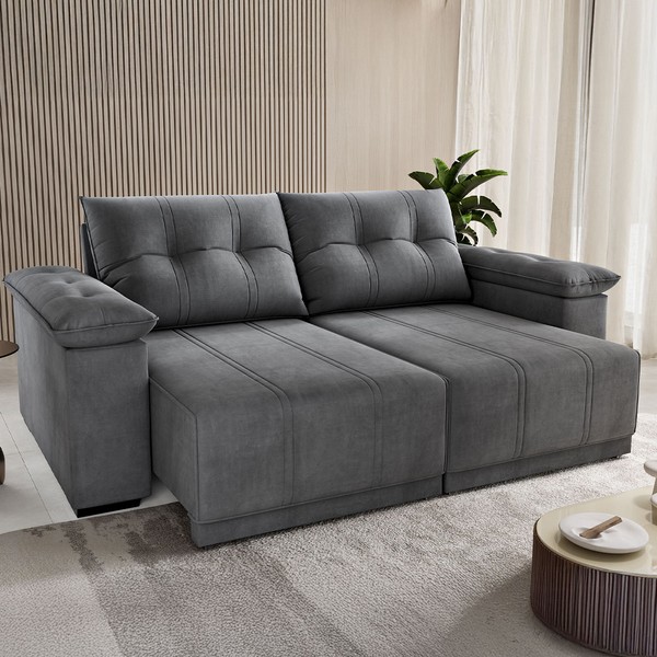 Sofá 3 Lugares Ferraro Retrátil e Reclinável Veludo Grafite - Vian