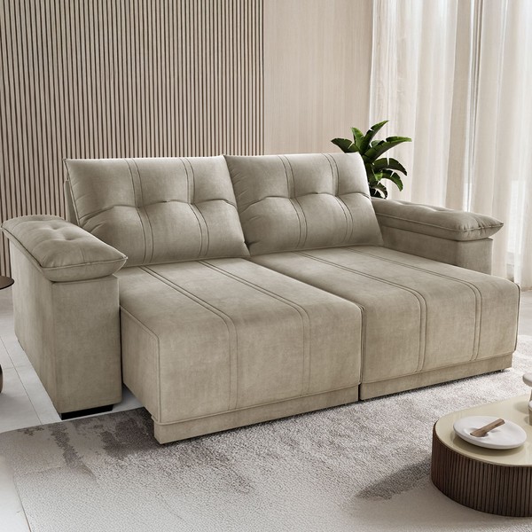 Sofá 3 Lugares Ferraro Retrátil e Reclinável Veludo Perola - Vian