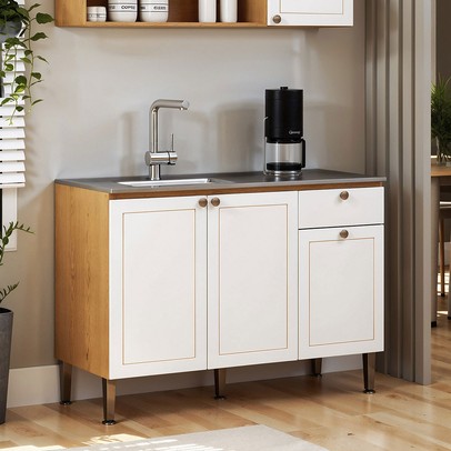 Balcão de Cozinha para Pia 120 Cm Essência Frizz 3 Portas 1 Gaveta 100% Mdf Cinamomo/Branco Fosco - Geniaflex