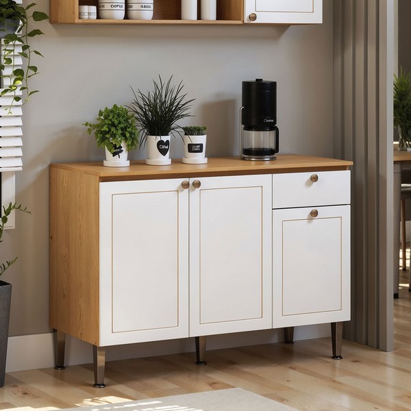 Balcão de Cozinha 120 Cm Essência Frizz 3 Portas 1 Gaveta 100% Mdf Cinamomo/Branco Fosco - Geniaflex