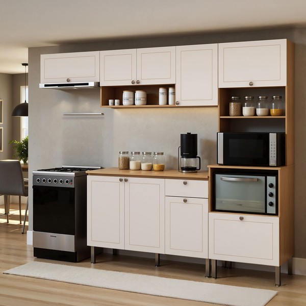 Cozinha Compacta Essência Frizz 9 Portas 1 Gaveta 100% Mdf Cinamomo Fosco/Branco - Genialflex