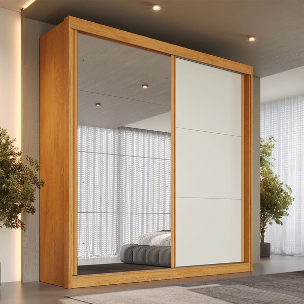 Guarda-Roupa Casal Mali 2 Portas 3 Gavetas 100% Mdf com Espelho Peroba/Off White - Europa Móveis