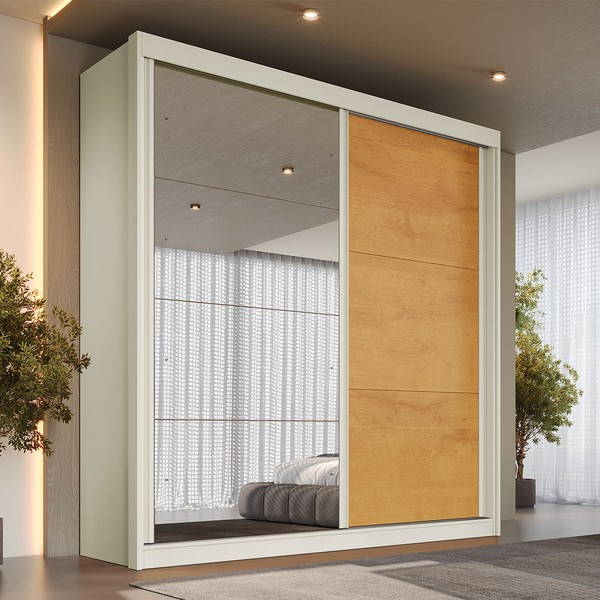 Guarda-Roupa Casal Mali 2 Portas 3 Gavetas 100% Mdf com Espelho Off White/Peroba - Europa Móveis