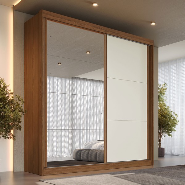 Guarda-Roupa Casal Mali 2 Portas 3 Gavetas 100% Mdf com Espelho Castanho/Off White - Europa Móveis