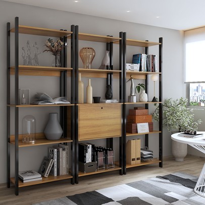 Estante para Livros Industrial 1 Porta 13 Prateleiras Mel/Preto - Panorama Móveis