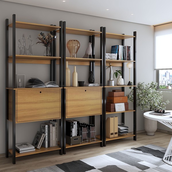 Estante para Livros Industrial 2 Portas 11 Prateleiras Mel/Preto - Panorama Móveis