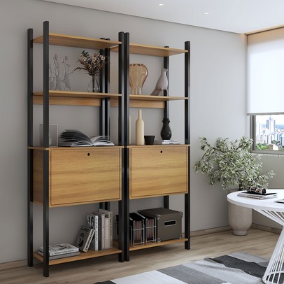 Estante para Livros Industrial 2 Portas 6 Prateleiras Mel/Preto - Panorama Móveis