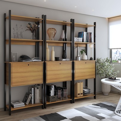 Estante para Livros Industrial 3 Portas 9 Prateleiras Mel/Preto - Panorama Móveis