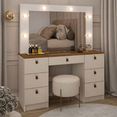 Penteadeira Camarim Carpenter 7 Gavetas com Vidro Freijó/Off White - Panorama Móveis