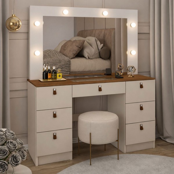 Penteadeira Camarim Carpenter 7 Gavetas com Vidro Freijó/Off White - Panorama Móveis