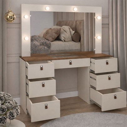 Penteadeira Camarim Carpenter 7 Gavetas com Vidro Freijó/Off White - Panorama Móveis