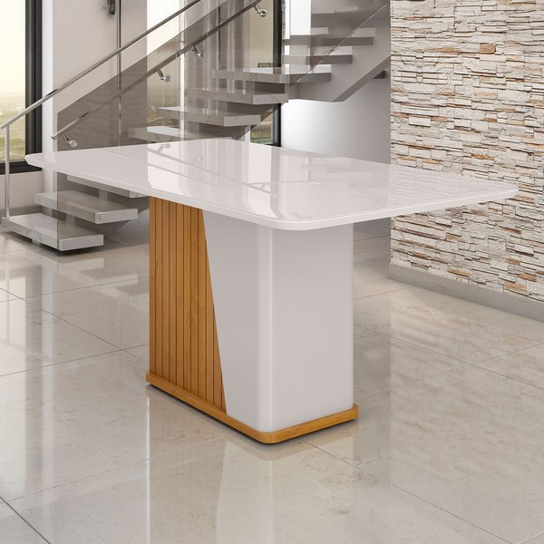 Mesa de Madeira Harmonia 160 Cm com Vidro Naturalle/Off White - Móveis Bechara