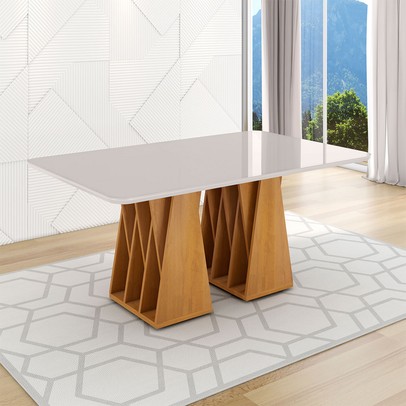 Mesa de Madeira Orquestra 160 Cm com Vidro Naturalle/Off White - Móveis Bechara