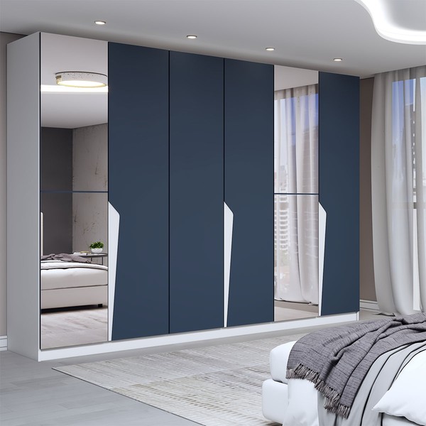 Guarda-Roupa Casal Luxe 2,42 Metros 6 Portas 4 Gavetas com Espelho Branco/Azul - Panorama Móveis