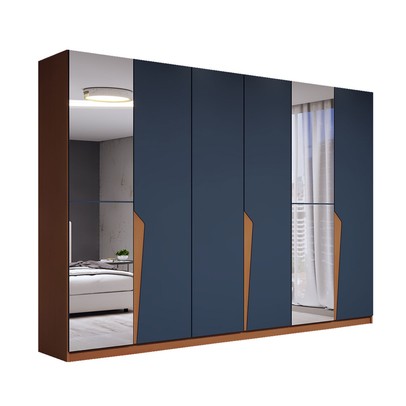 Guarda-Roupa Casal Luxe 2,42 Metros 6 Portas 4 Gavetas com Espelho Freijó/Azul - Panorama Móveis