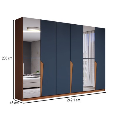 Guarda-Roupa Casal Luxe 2,42 Metros 6 Portas 4 Gavetas com Espelho Freijó/Azul - Panorama Móveis