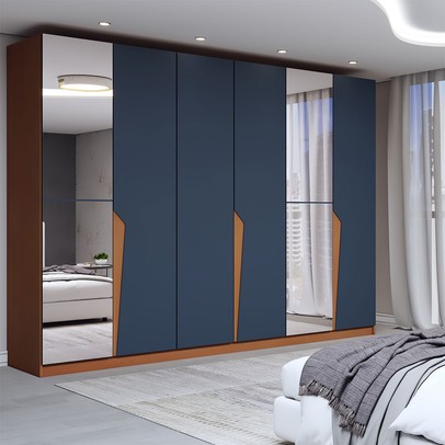 Guarda-Roupa Casal Luxe 2,42 Metros 6 Portas 4 Gavetas com Espelho Freijó/Azul - Panorama Móveis
