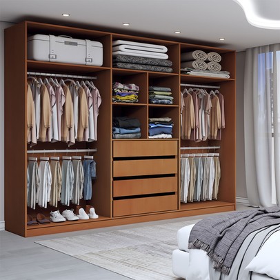 Guarda-Roupa Casal Luxe 2,42 Metros 6 Portas 4 Gavetas com Espelho Freijó/Azul - Panorama Móveis