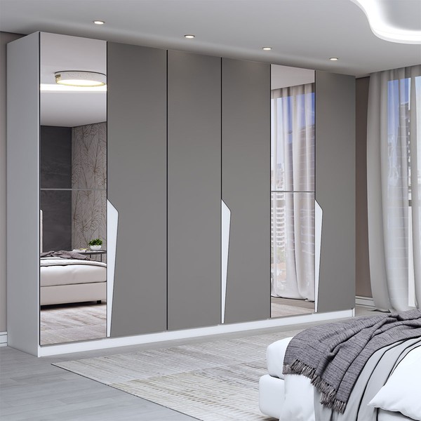 Guarda-Roupa Casal Luxe 2,42 Metros 6 Portas 4 Gavetas com Espelho Branco/Cinza - Panorama Móveis