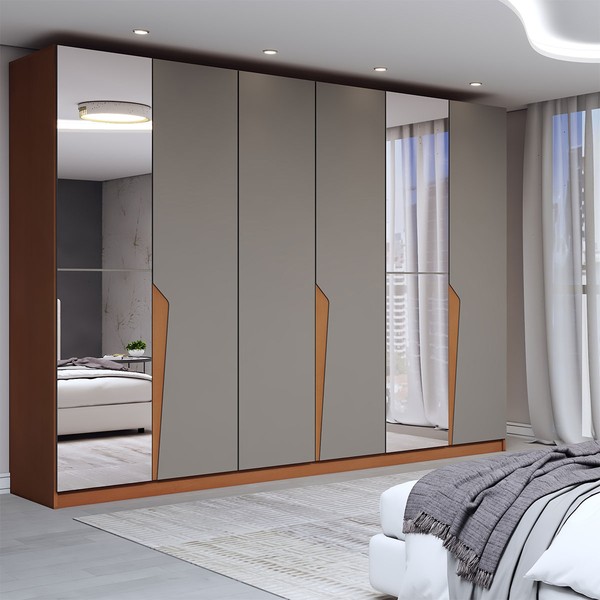 Guarda-Roupa Casal Luxe 2,42 Metros 6 Portas 4 Gavetas com Espelho Freijó/Cinza - Panorama Móveis