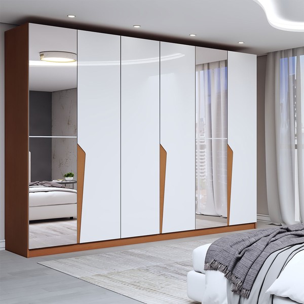 Guarda-Roupa Casal Luxe 2,42 Metros 6 Portas 4 Gavetas com Espelho Freijó/Branco - Panorama Móveis