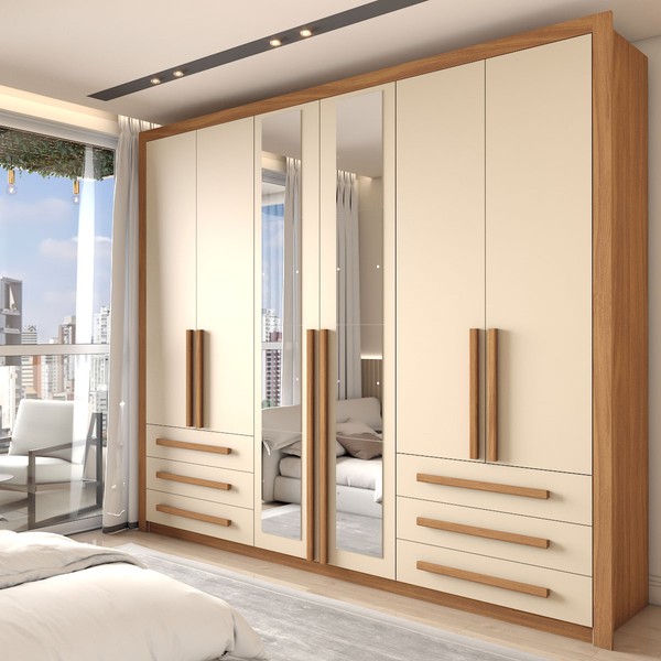 Guarda-Roupa Casal Severo Plus 6 Portas 6 Gavetas com Espelho Cinamomo/Off White - Panorama Móveis