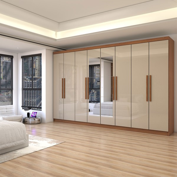 Guarda-Roupa Casal Odisseia 8 Portas 4 Gavetas com Espelho Cinamomo/Off White - Panorama Móveis