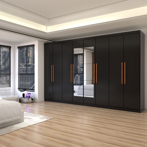 Guarda-Roupa Casal Odisseia 8 Portas 4 Gavetas com Espelho Preto - Panorama Móveis