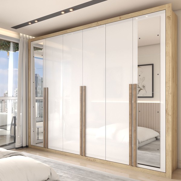Guarda-Roupa Casal Severo Gold 6 Portas 6 Gavetas com Espelho Capuccino/Branco - Panorama Móveis