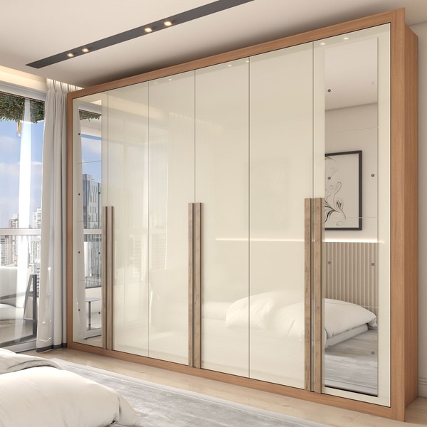 Guarda-Roupa Casal Severo Gold 6 Portas 6 Gavetas com Espelho Cinamomo/Off White - Panorama Móveis