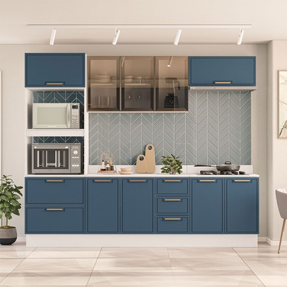 Cozinha Completa Amara 10 Portas 4 Gavetas com Vidro 40250782 Azul/Branco - Politorno