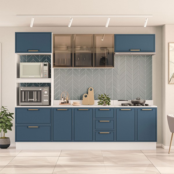 Cozinha Completa Amara 10 Portas 4 Gavetas com Vidro 40250782 Azul/Branco - Politorno